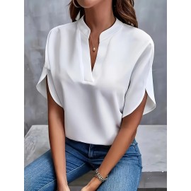 Plus Size Elegant V Neck Shirting Blouse - Soft Non-Stretch Polyester Fabric, Solid Color, Short Sleeve, Casual Chic Style for Summer - Womens Comfortable Plus Size Clothing