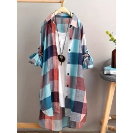 Plus Size Flattering Plaid Blouse - Trendy Button-Up with Roll-Up Sleeves & Chic Lapel Collar - Longline Casual Shirt Top for Women