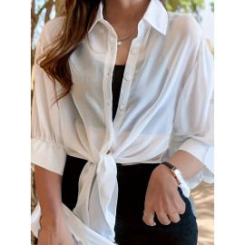 Plus Size Chic Solid Collared Blouse - Comfortable 3/4 Sleeves, Versatile Button Design - Perfect for Spring & Fall - Womens Fashionable Plus Size Wardrobe Staple