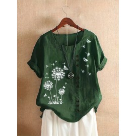 Plus Size Dandelion Print Blouse, Casual Crew Neck Short Sleeve Blouse For Spring, Women's Plus Size Clothing