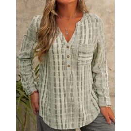 Chic Plus Size Striped Blouse - Long Sleeve Button Up with Notched Neck & Pockets - Flattering Casual Shirt for Women