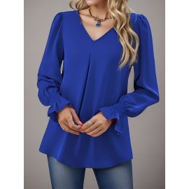 Plus Size Elegant Pleated Blouse - Flattering V Neck, Dramatic Lantern Sleeves, Flowy Design - Perfect for Plus Size Women, Formal or Casual Occasions