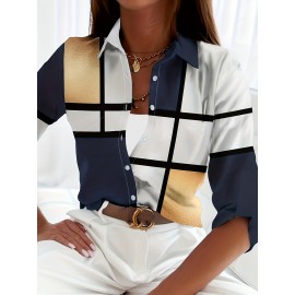 Plus Size Chic Blouse - Relaxed Fit, Vibrant Colorblock Grid Print, Classic Button-Up Design, Long Sleeve, Turn-Down Collar - Designed for Curvy Women, Plus Size for Comfortable Fit