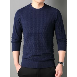 Plus Size Men's Solid Plaid Knit Long Sleeve Pullover For Spring Fall, Basic Tops Sweater