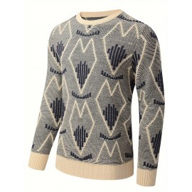 Plus Size Men's Argyle Print Knitted Pullover, Casual Long Sleeve Crew Neck Sweater For Fall Winter