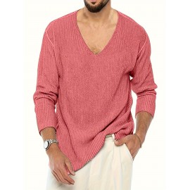 Plus Size Men's V-Neck Sweater - Cozy Knit Pullover for Spring & Fall, Stylish Casual Wear for Outdoor Comfort & Easy Layering