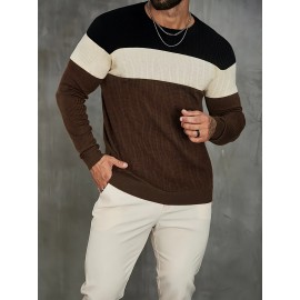 Plus Size Men's Contrast Color Knit Sweater For Spring Fall, Fashion Casual Pullover