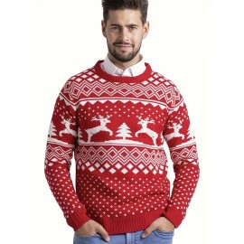 Plus Size Men's Christmas Deer Graphic Print Sweater For Spring Fall, Men's Clothing