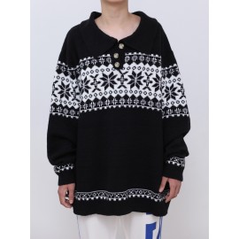 plus size Men's Jacquard Polo Collar Sweater For Spring & Autumn, Knit Pullover Sweater