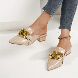 Women's Metallic Buckle Decor Mules, Fashion Pointed Toe Chunky Low Heeled Sandals, All-Match Backless Shoes