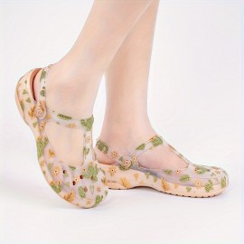 Women's Cartoon Floral Print Clogs, Soft Sole Platform Slip On Casual Slides, Two-way Wear Closed Toe Beach Shoes