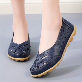 Women's Hollow Out Flat Shoes, Solid Color Breathable Slip On Shoes, Casual All-Match Daily Flats