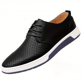 Mens Low-Top Casual Leather Shoes - Breathable, Non-Slip, Lace-Up, PU Upper, Rubber Sole, Round Toe, Solid Color, All-Season, Daily & Outdoor Wear