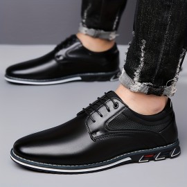 Men's Solid Dress Shoes, Waterproof Wear-resistant Anti-skid Lace-up Shoes With PU Leather Uppers For Business Office