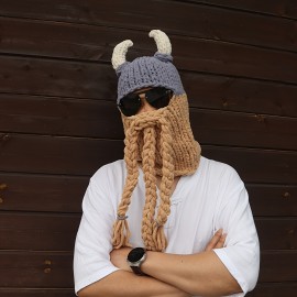 1pc, Whimsical Horn-Shaped Chunky Fleece Lined Autumn and Winter Warm Woolen Hat with Beard Mask and Head Cover - Soft, Thickened, and Knitted - Unique Creative Gift for Dad, Birthday, and New Year