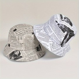 1pc Fashionable Knitted Versatile Bucket Hat - Distressed Newspaper Pattern, Travel Sunshade, Folding Design, Perfect for Summer, Unisex for Men and Women