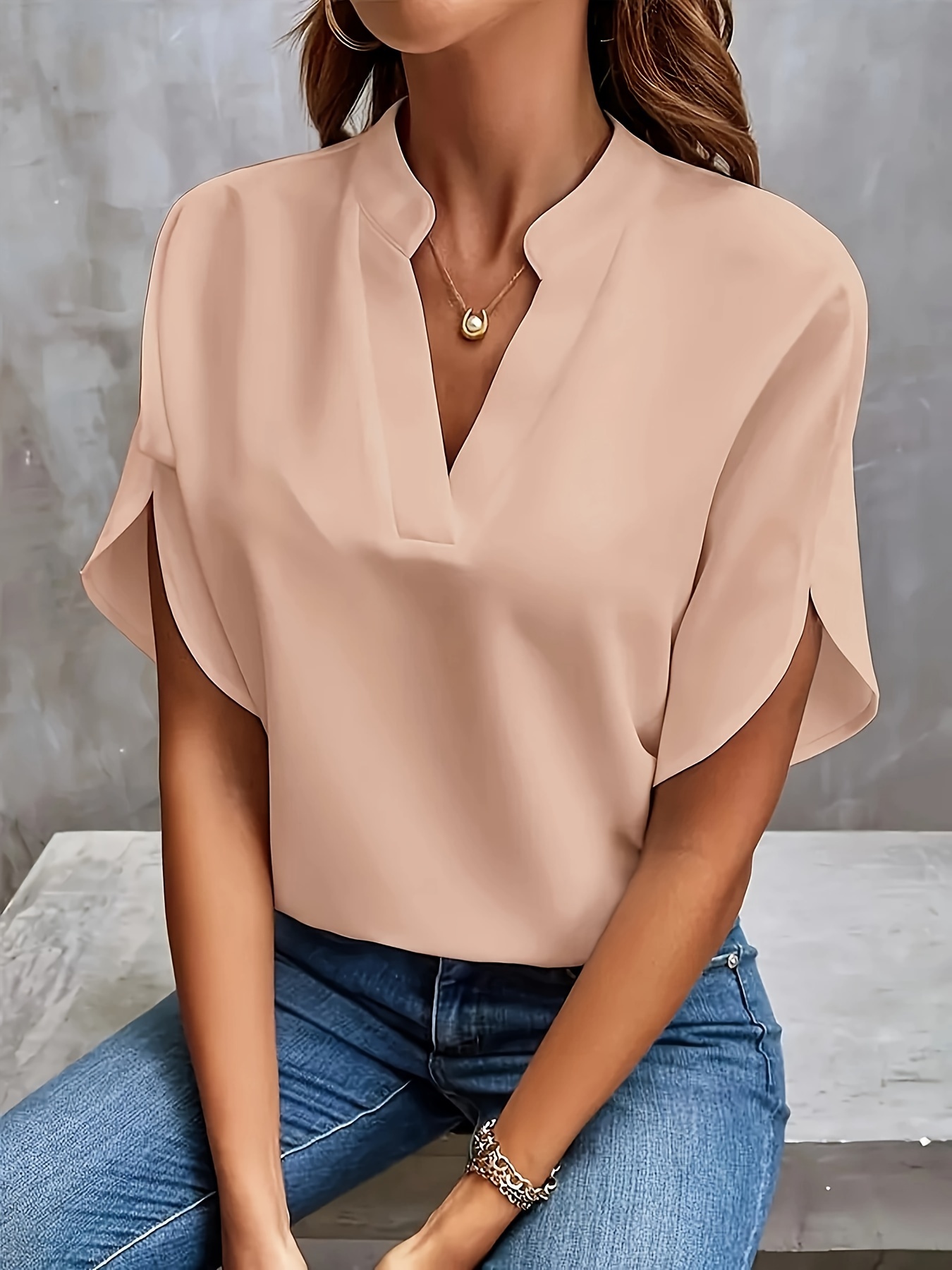 plus size simple solid blouse casual v neck short sleeve blouse for spring womens plus size clothing details 0