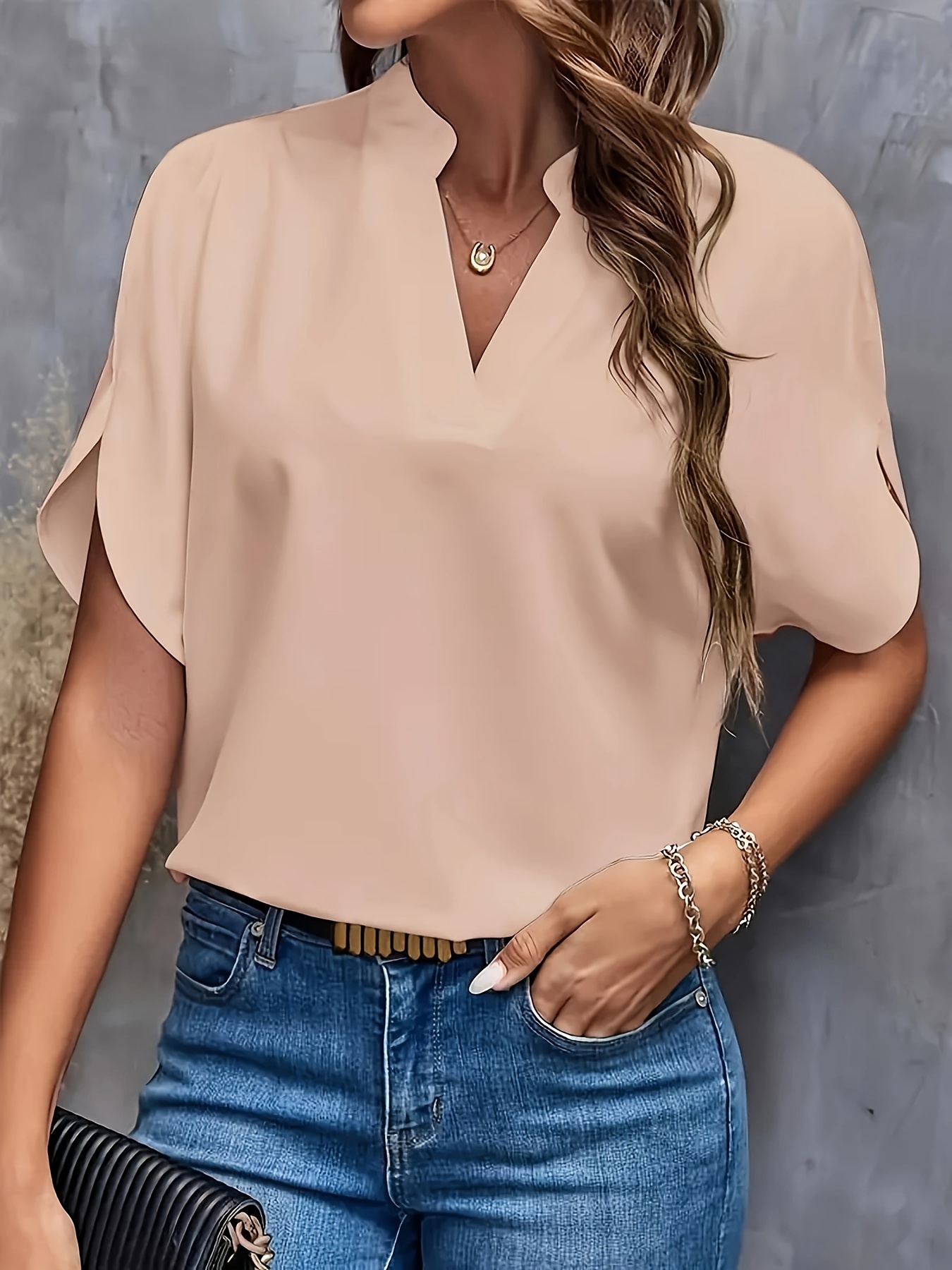 plus size simple solid blouse casual v neck short sleeve blouse for spring womens plus size clothing details 1