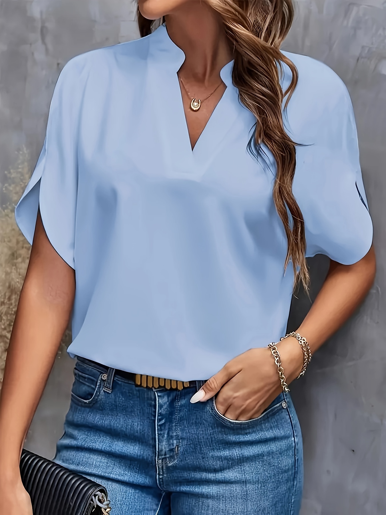 plus size simple solid blouse casual v neck short sleeve blouse for spring womens plus size clothing details 10