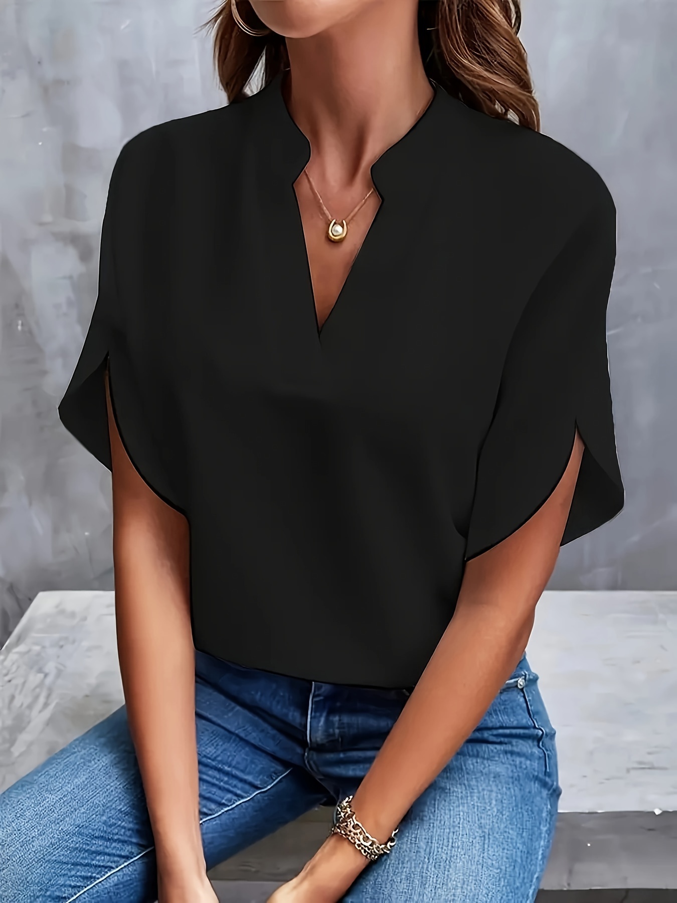 plus size simple solid blouse casual v neck short sleeve blouse for spring womens plus size clothing details 15