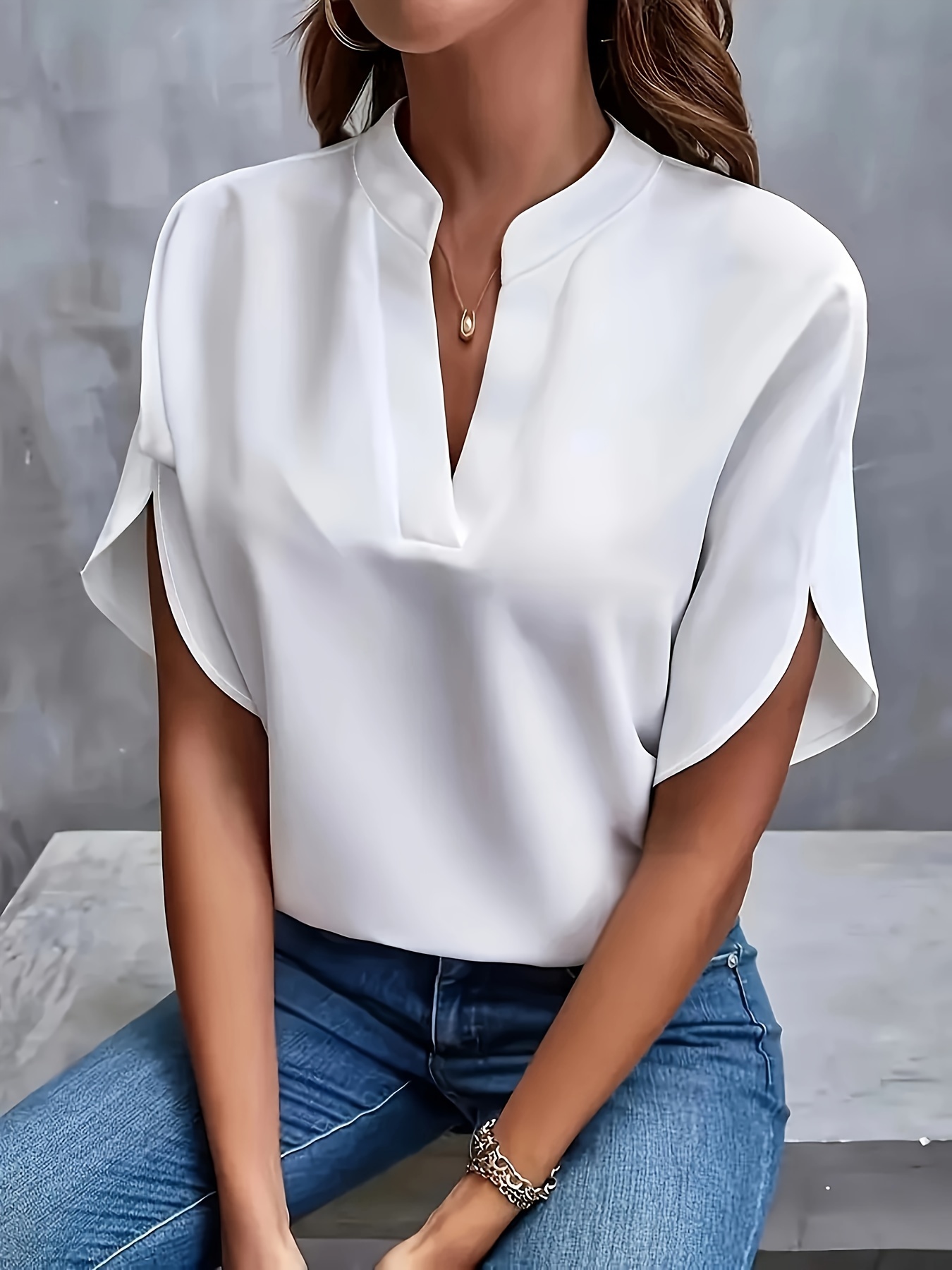 plus size simple solid blouse casual v neck short sleeve blouse for spring womens plus size clothing details 19