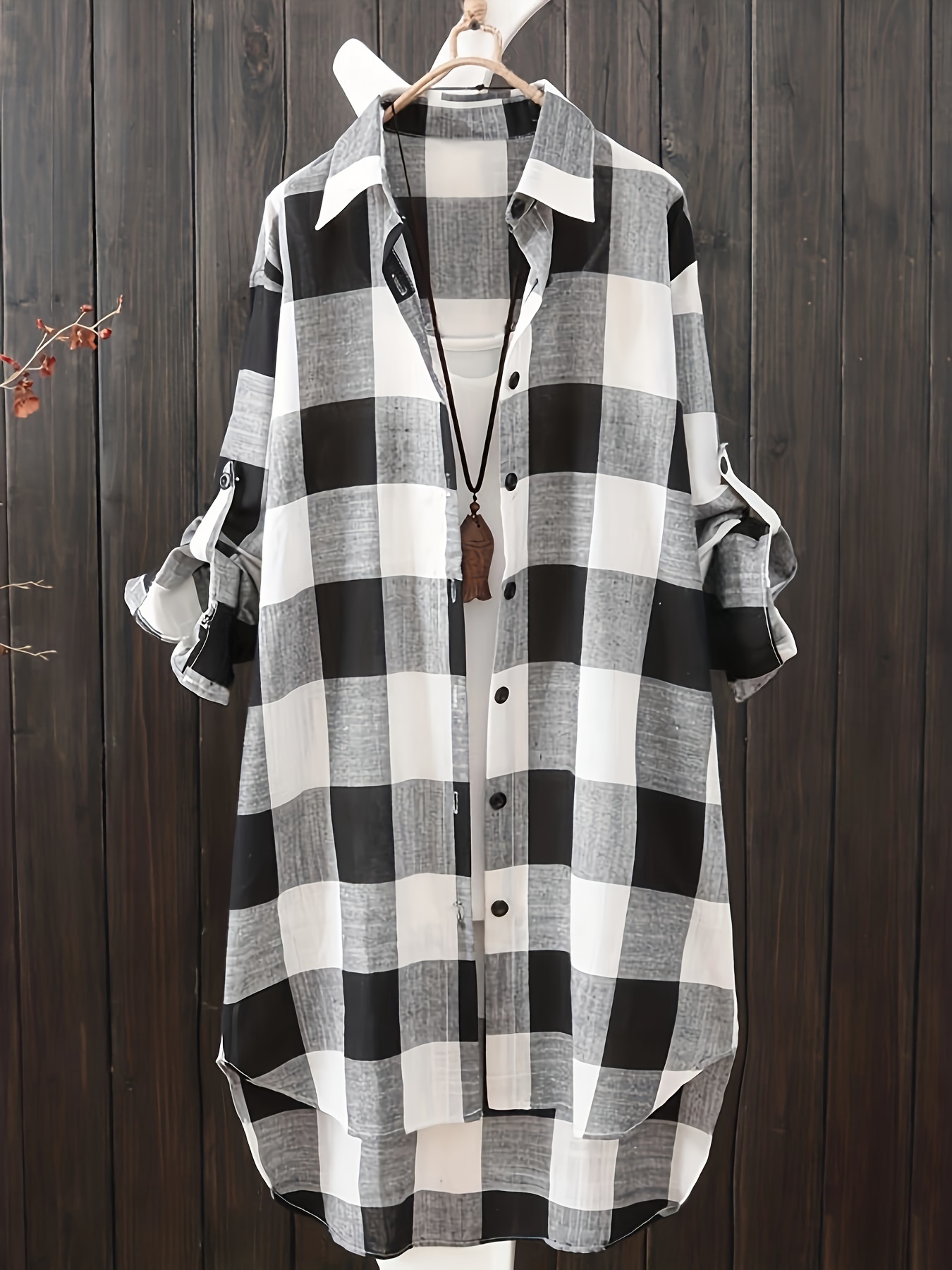 plus size casual blouse womens plus plaid print button up roll up long sleeve lapel collar longline shirt top details 3