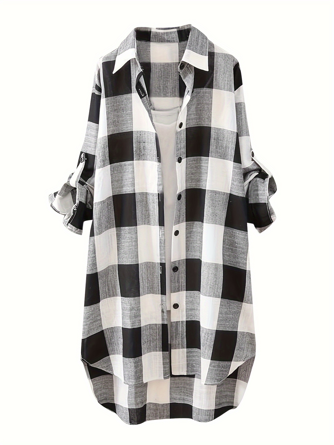 plus size casual blouse womens plus plaid print button up roll up long sleeve lapel collar longline shirt top details 4