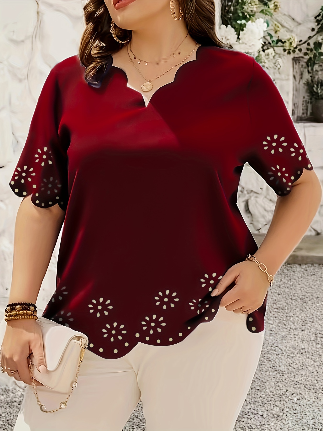 plus size scallop trim cut out blouse casual v neck short sleeve blouse for spring womens plus size clothing details 0