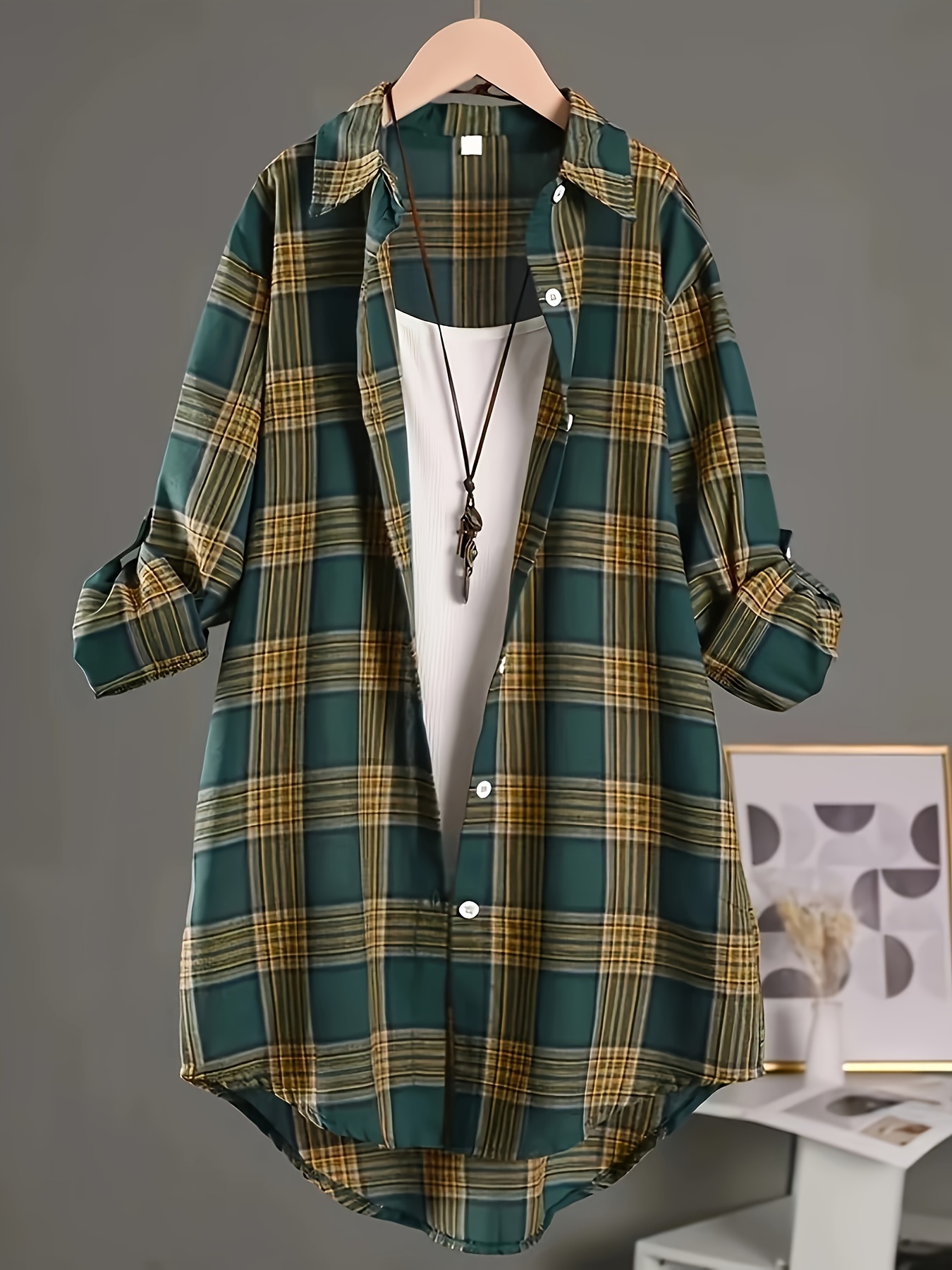 plus size plaid print shirt casual long sleeve button front shirt womens plus size clothing details 0