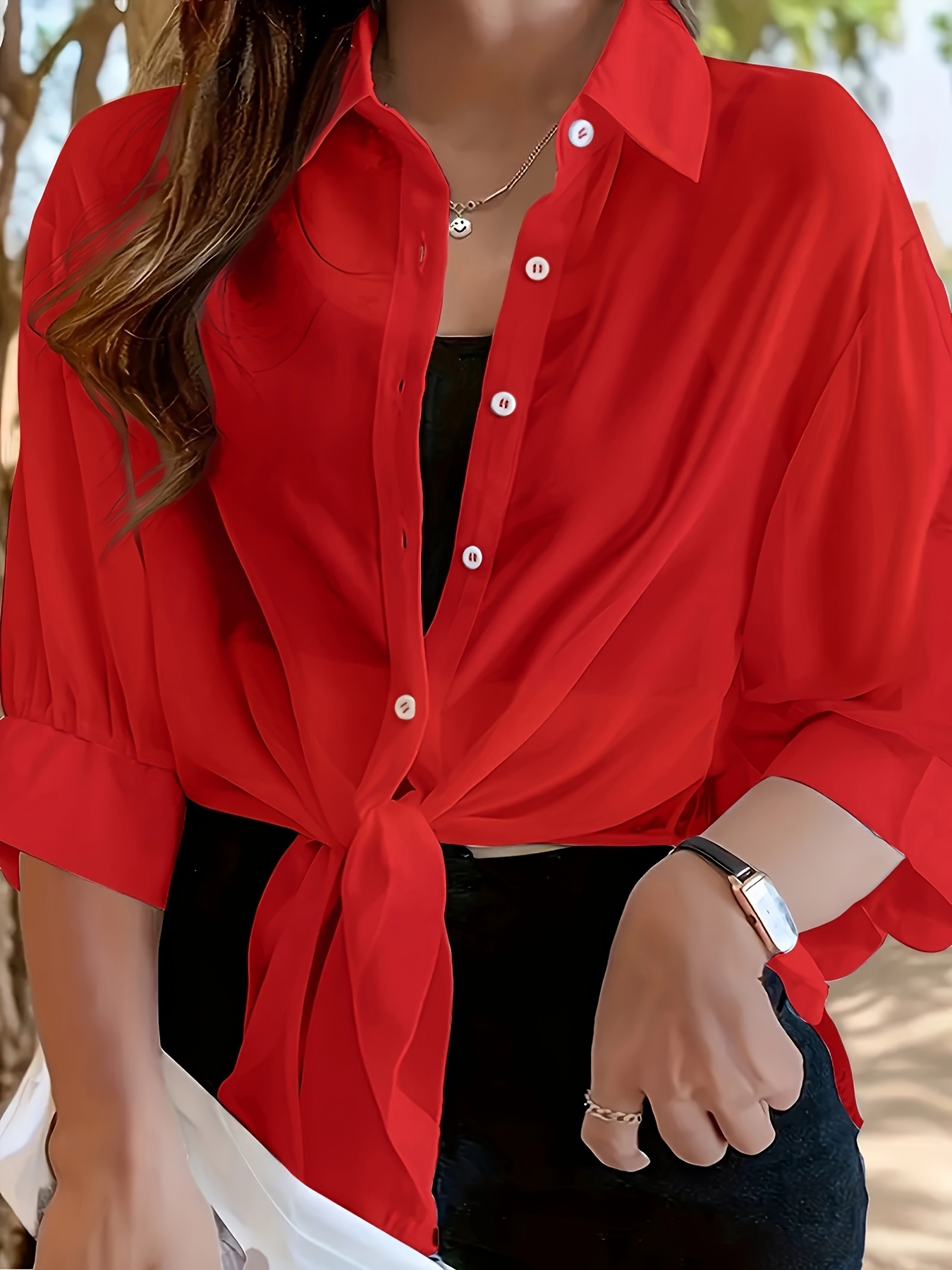 plus size solid collared button blouse casual 3 4 sleeve blouse for spring fall womens plus size clothing details 3