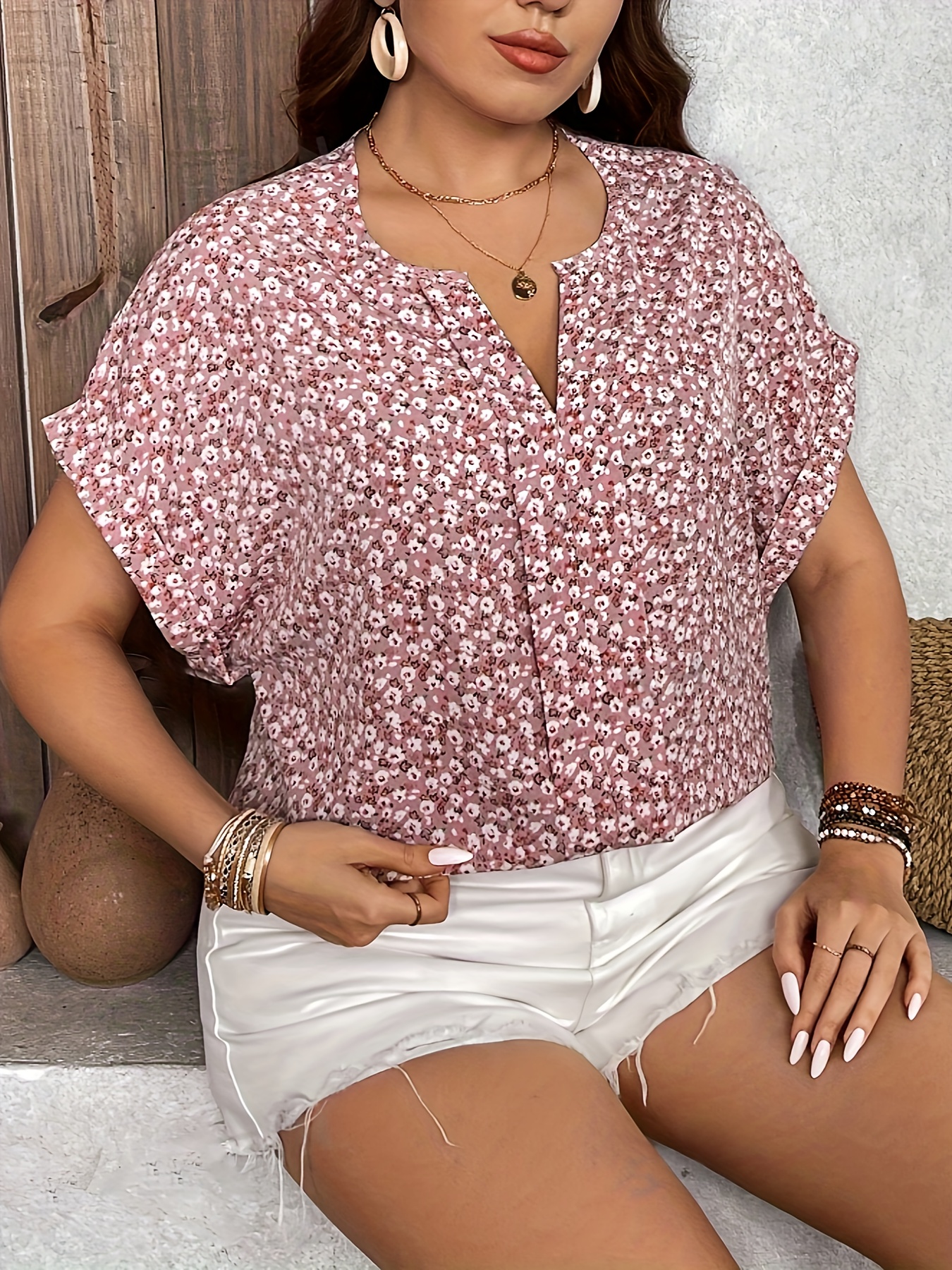 Plus Size Floral Print Blouse, Casual Notched Neck Short Sleeve Blouse For Summer, Women s Plus Size Clothing details 3