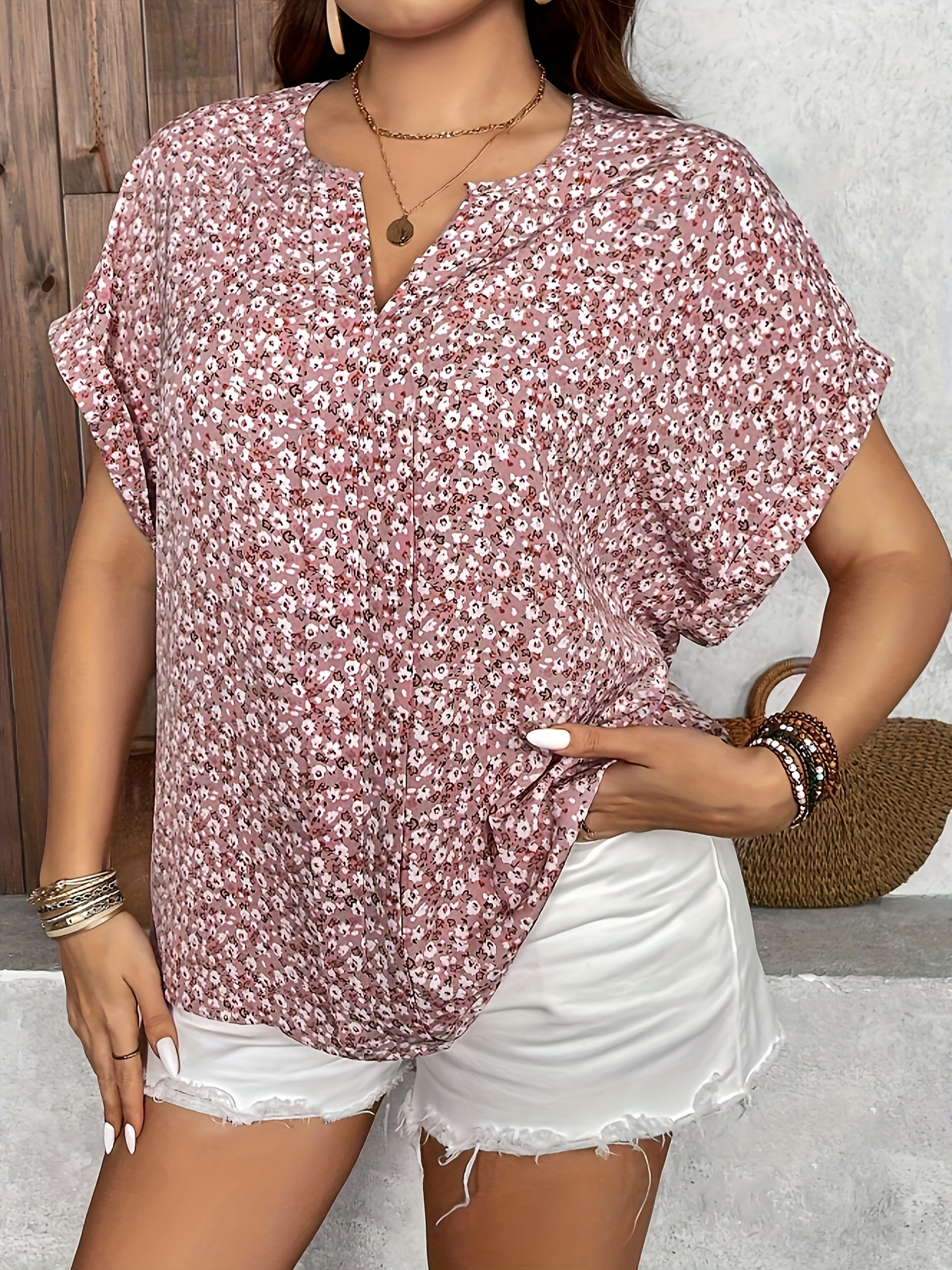 Plus Size Floral Print Blouse, Casual Notched Neck Short Sleeve Blouse For Summer, Women s Plus Size Clothing details 4