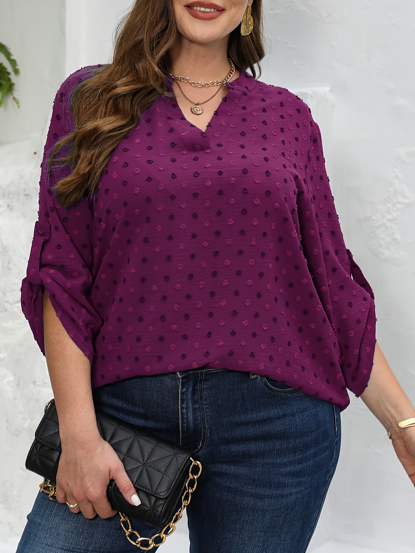 plus size solid   dots blouse casual notched neck short sleeve blouse for spring summer womens plus size clothing details 0