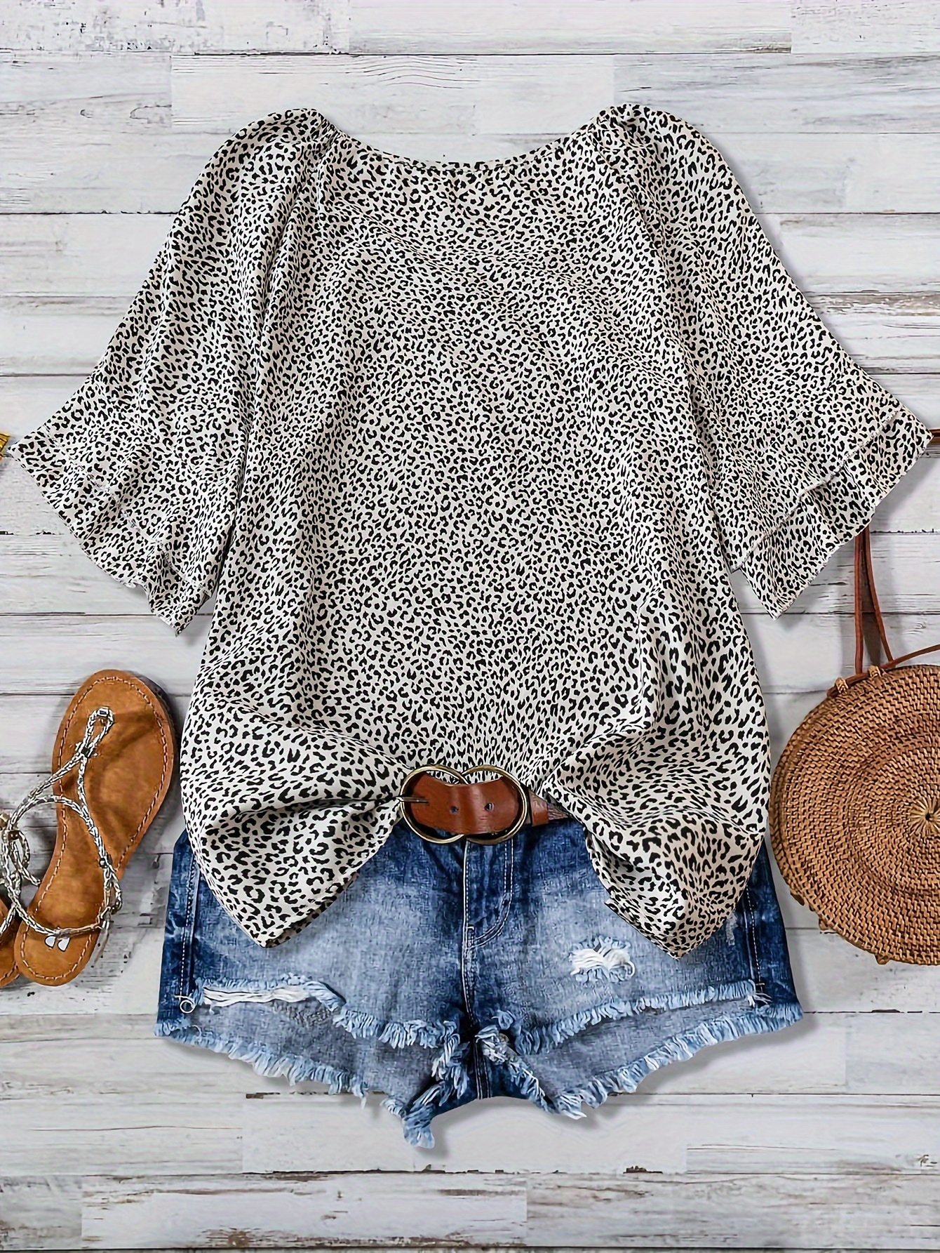 plus size leopard print top casual crew neck short sleeve top womens plus size clothing details 5