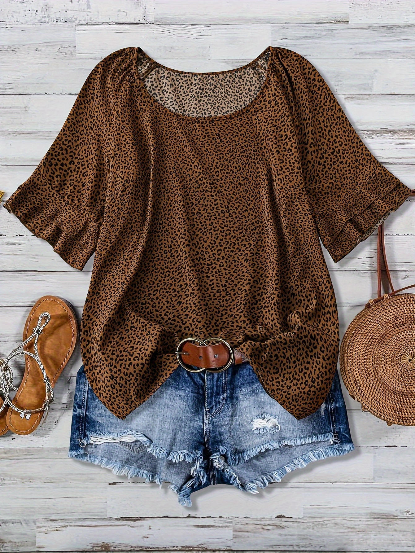 plus size leopard print top casual crew neck short sleeve top womens plus size clothing details 8