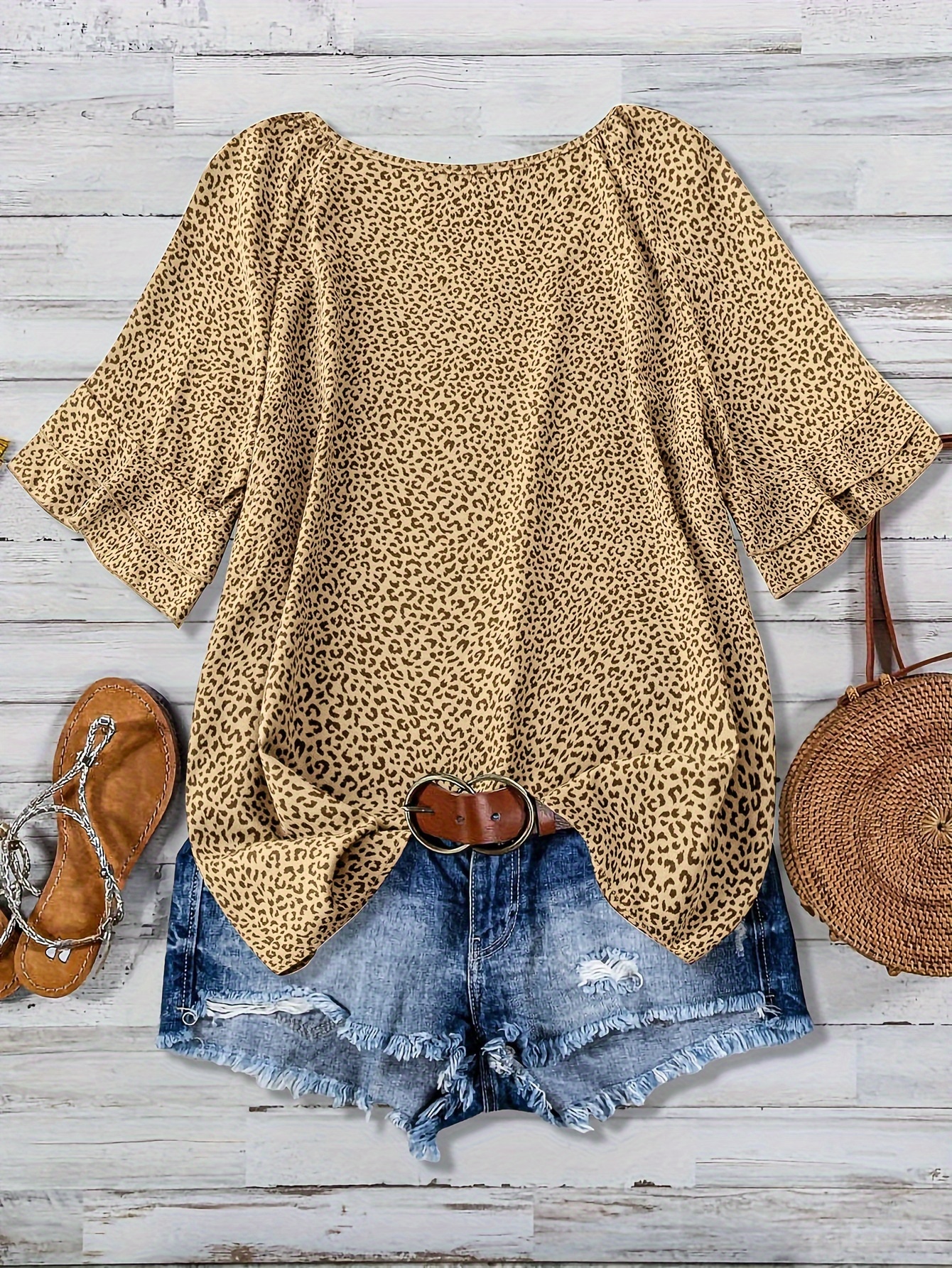 plus size leopard print top casual crew neck short sleeve top womens plus size clothing details 13