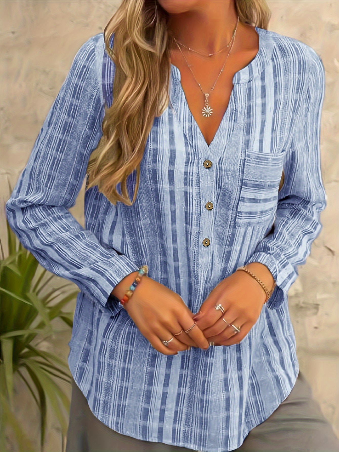 plus size casual blouse womens plus striped print long sleeve button up notched neck pocketed shirt top details 0