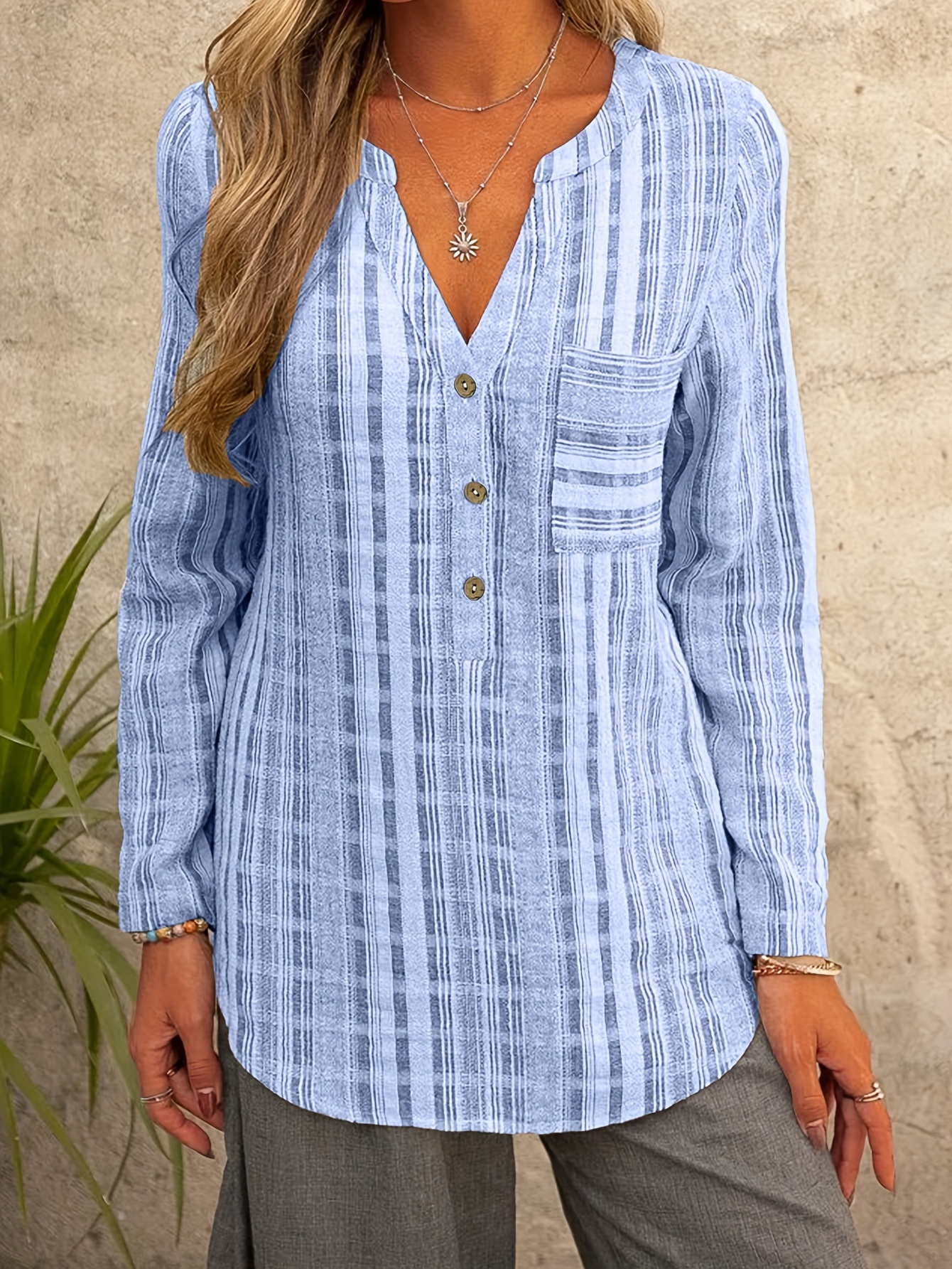 plus size casual blouse womens plus striped print long sleeve button up notched neck pocketed shirt top details 3