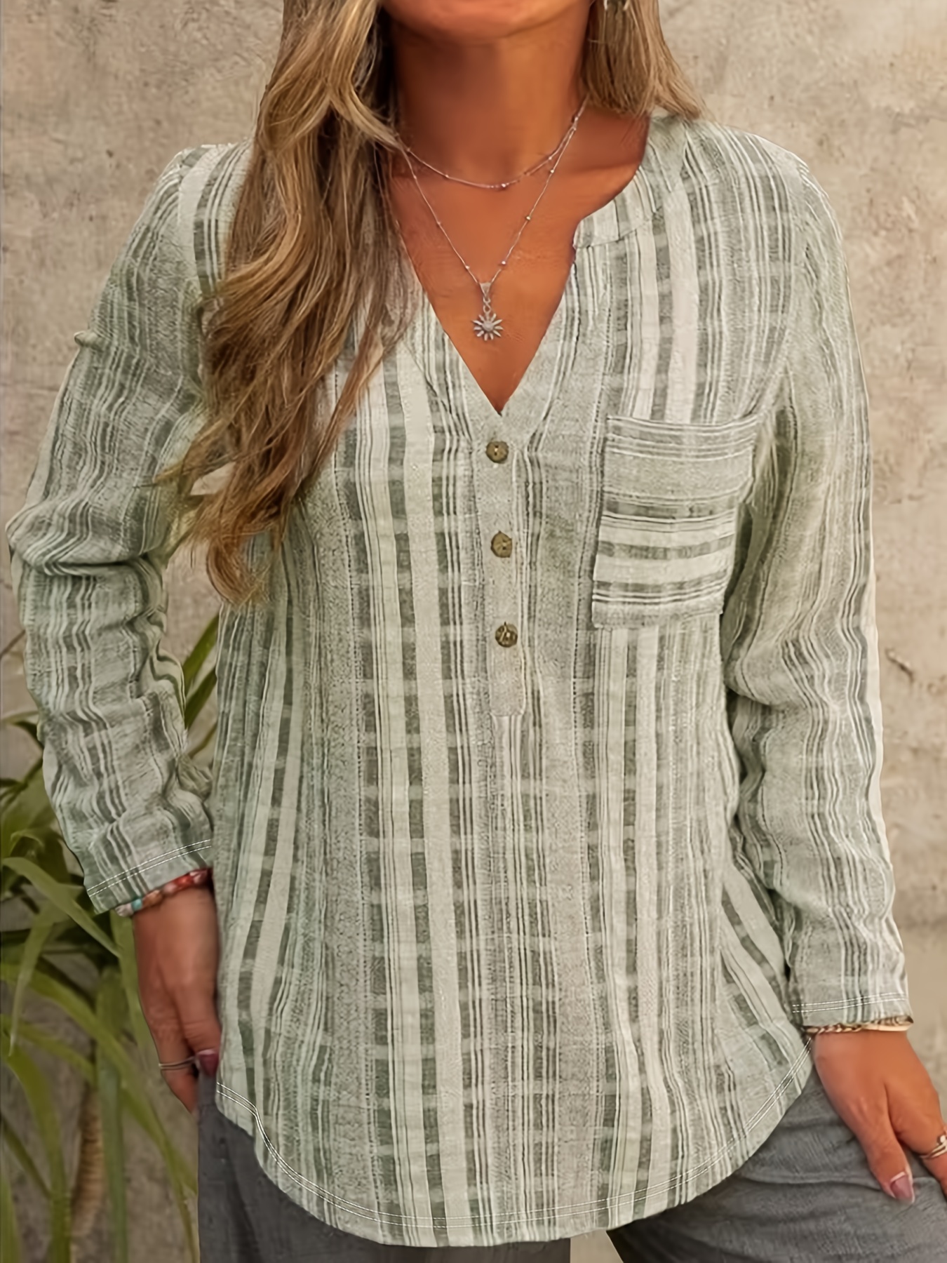 plus size casual blouse womens plus striped print long sleeve button up notched neck pocketed shirt top details 13