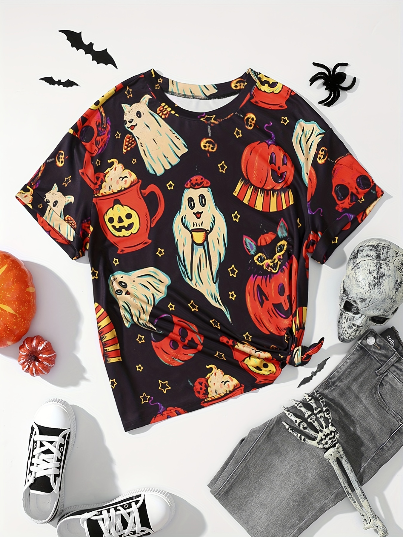 plus size halloween blouse womens plus allover pumpkin ghost print short sleeve round neck slight stretch shirt top details 0