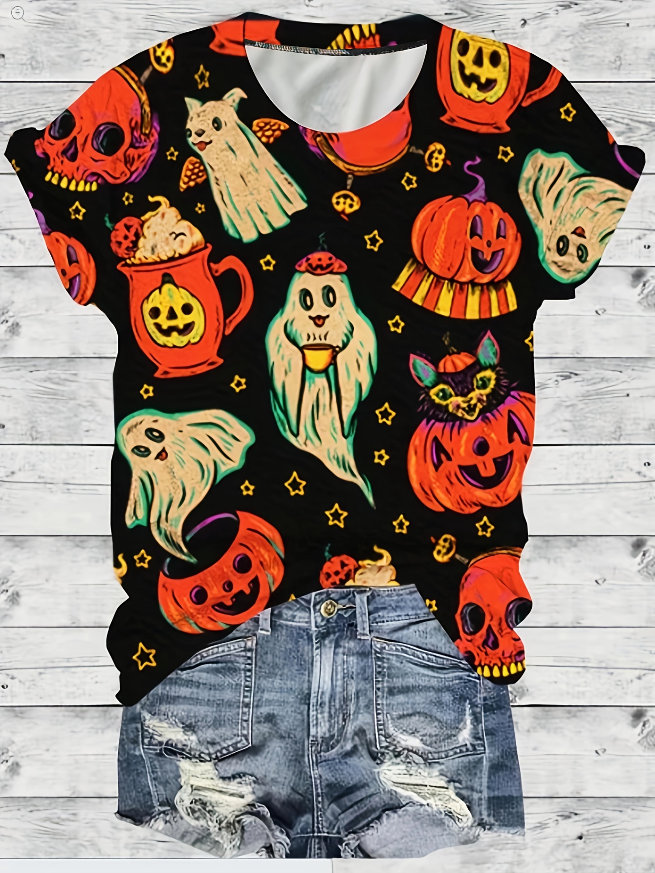 plus size halloween blouse womens plus allover pumpkin ghost print short sleeve round neck slight stretch shirt top details 1