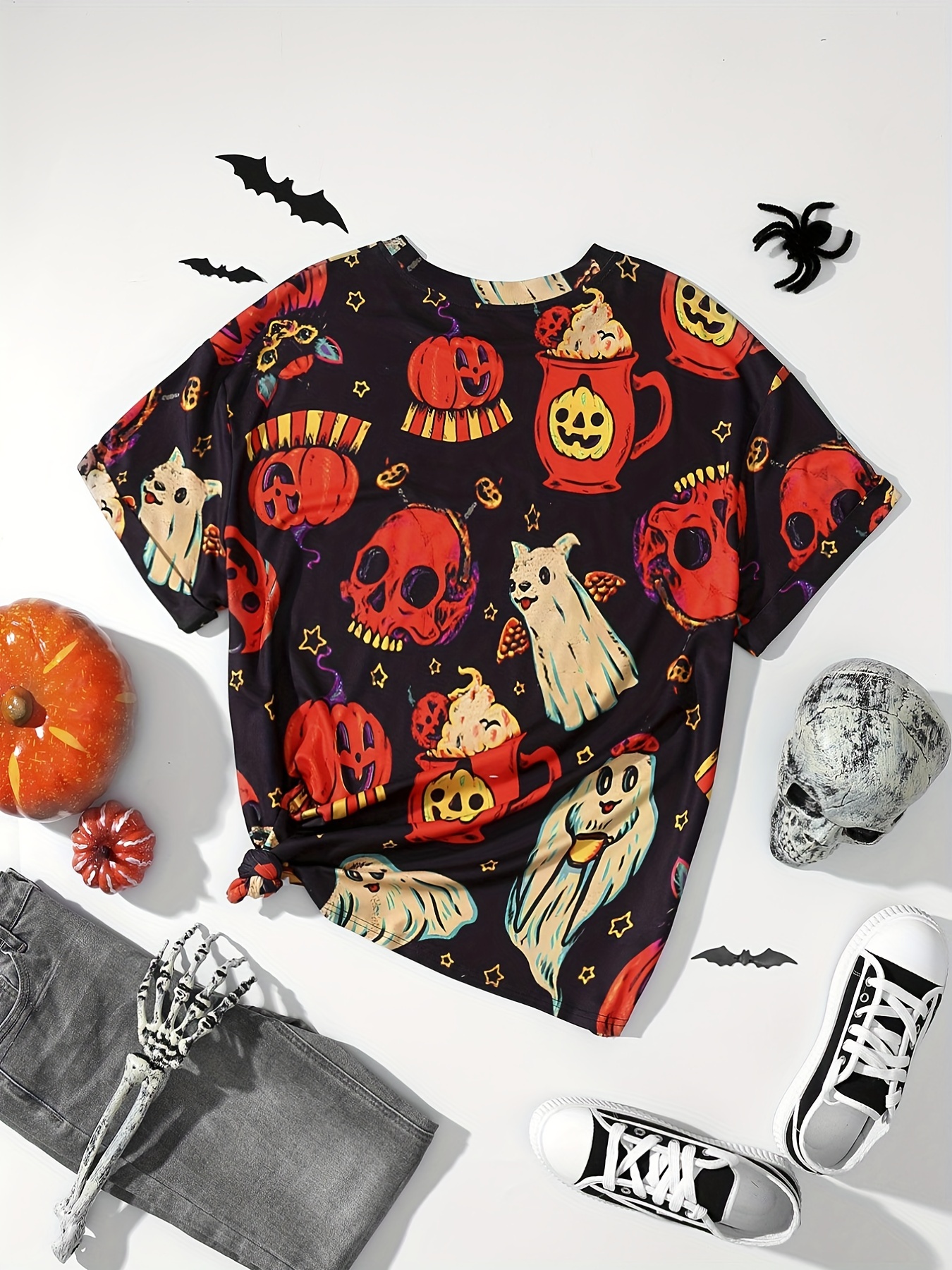 plus size halloween blouse womens plus allover pumpkin ghost print short sleeve round neck slight stretch shirt top details 2