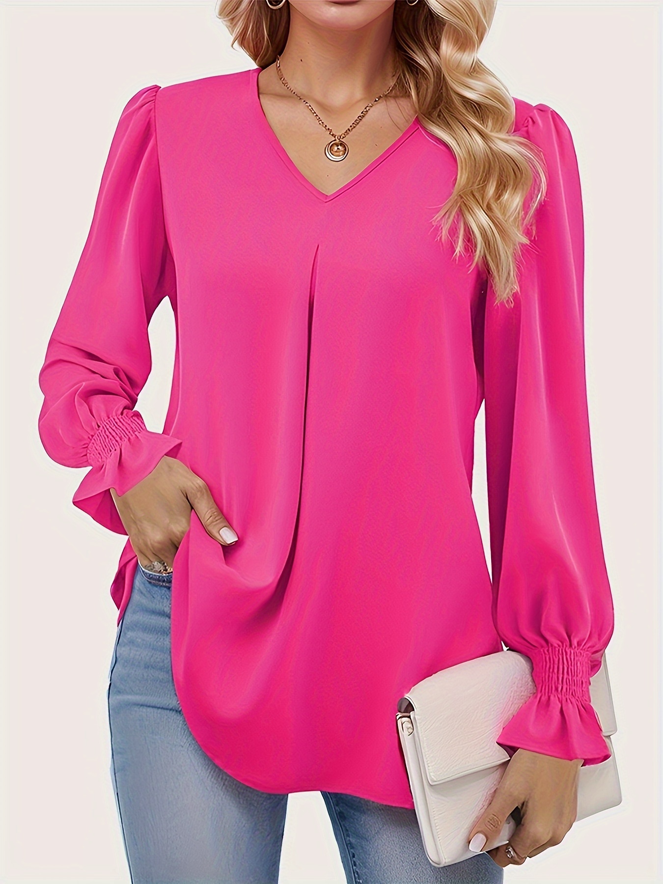 plus size solid color pleated blouse elegant v neck lantern sleeve blouse womens plus size clothing details 2