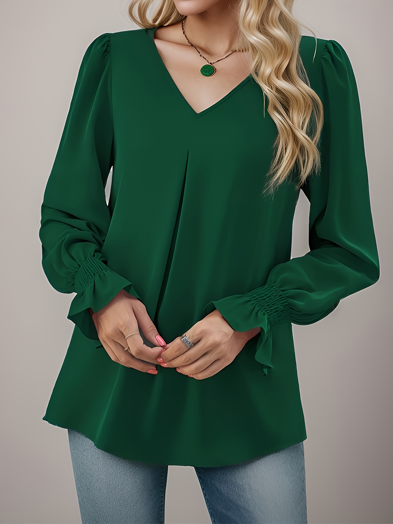 plus size solid color pleated blouse elegant v neck lantern sleeve blouse womens plus size clothing details 5