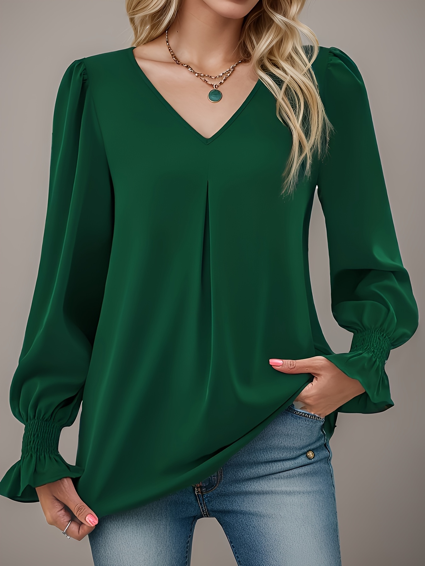 plus size solid color pleated blouse elegant v neck lantern sleeve blouse womens plus size clothing details 6