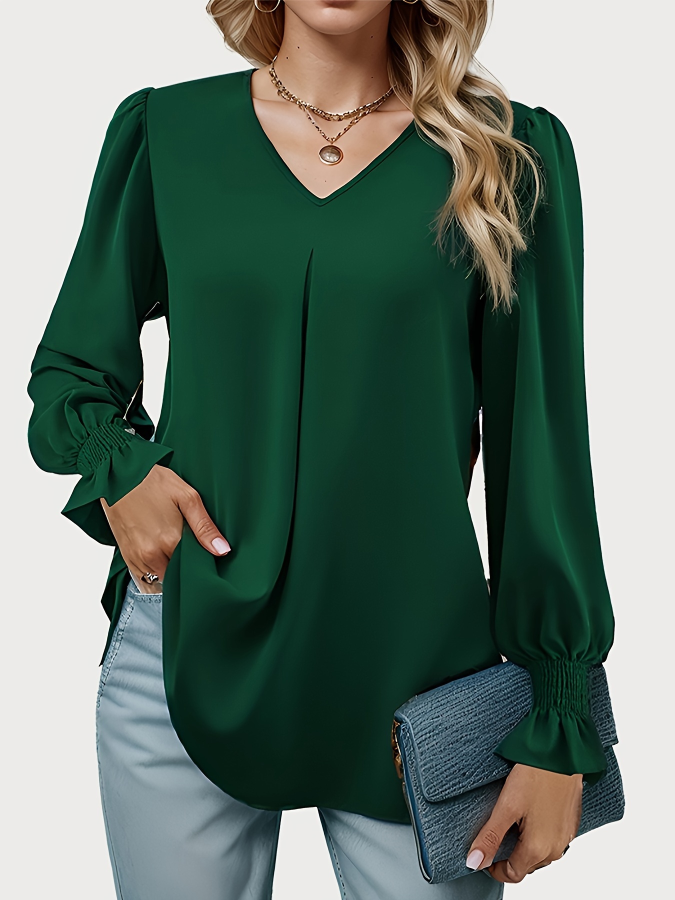 plus size solid color pleated blouse elegant v neck lantern sleeve blouse womens plus size clothing details 8