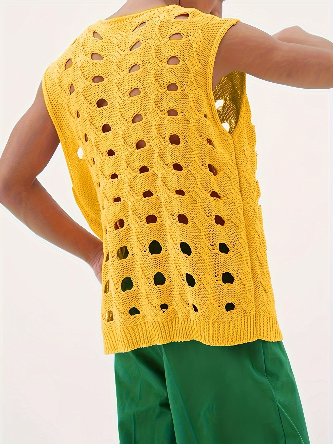 plus size mens loose hollow solid knitted sleeveless sweater casual v neck vest for summer outdoor activities details 2