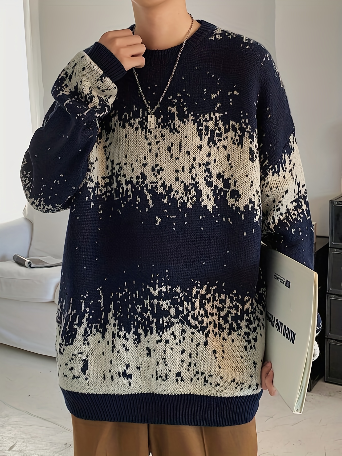 plus size mens knit floral pattern sweater for spring autumn winter mens oversized loose fit pullover sweater for males mens clothing details 2