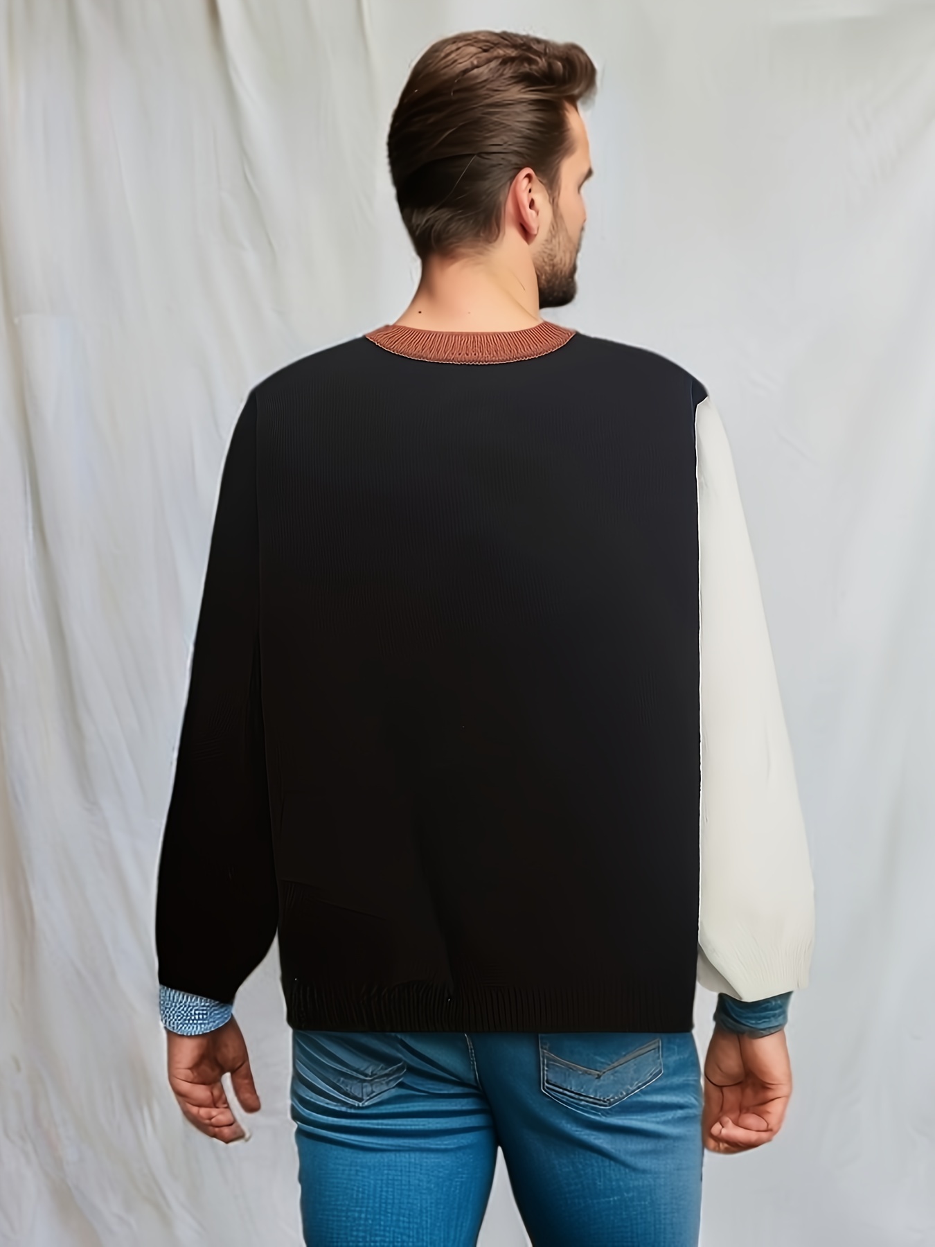 plus size mens color block long sleeve pullover sweaters causal loose tops autumn winter details 0