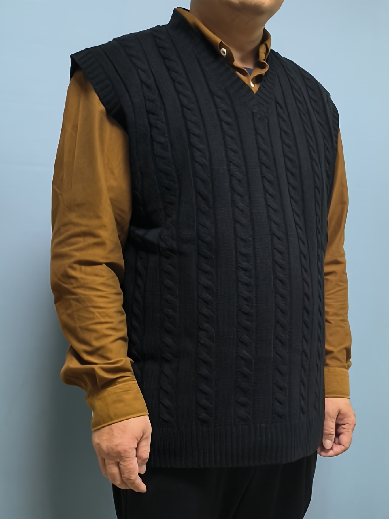 mens plus size solid color cable knit vest sleeveless   style sweater casual pullover waistcoat details 6